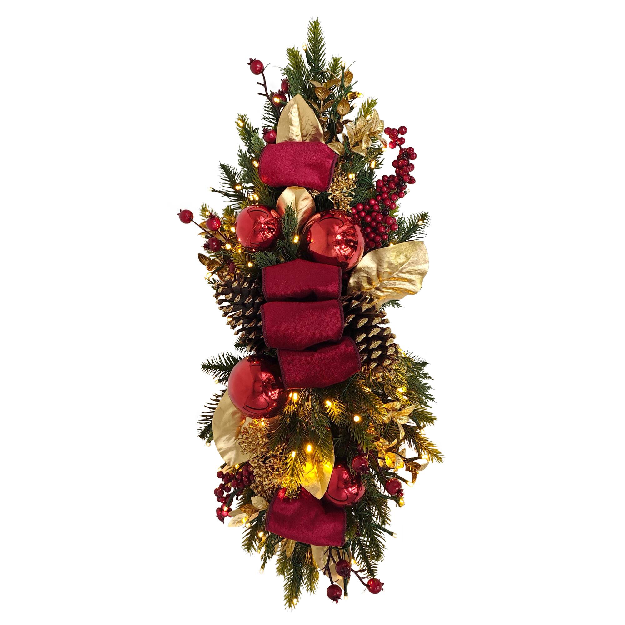 28" Pre-Lit Red & Gold Adorned Artificial Banister Swag with Pinecones & Berries
